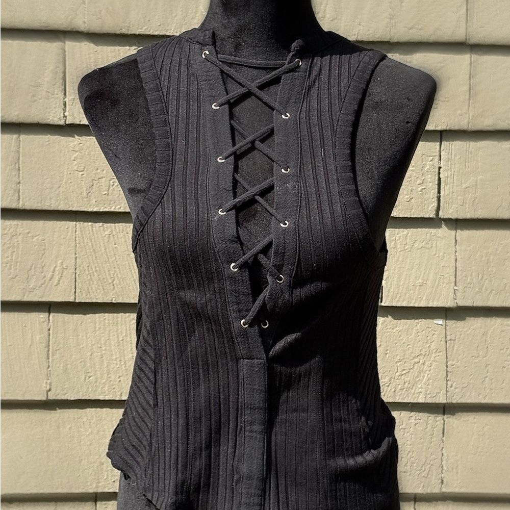 Free People Black Ribbed Tie Front Tank Top